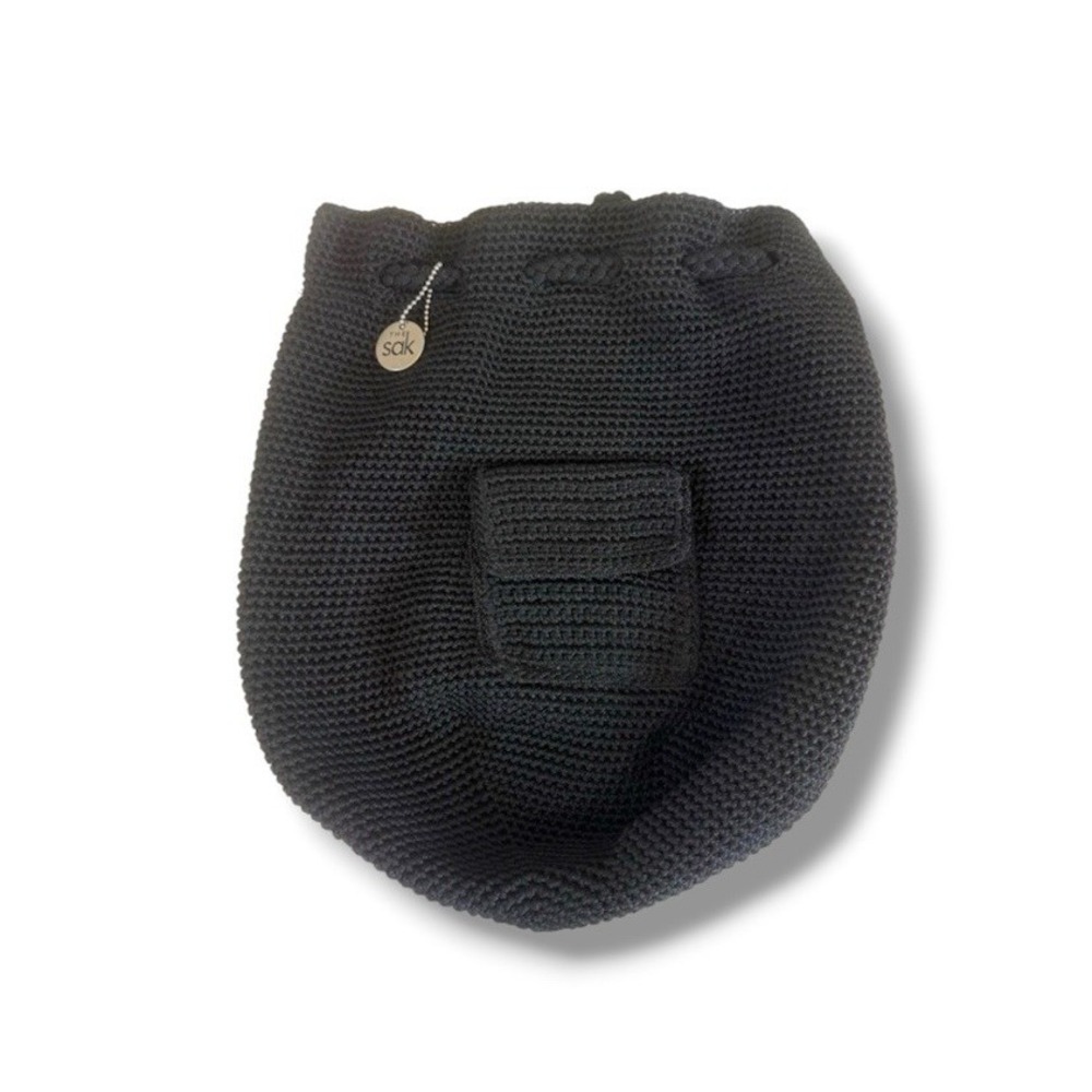 The Sak Black Woven Crochet Lined Backpack Style Boho Purse Handbag Cinch Sack